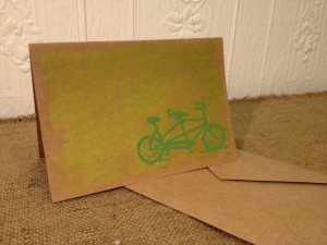 Green Tandem Bicycle Linocut Card