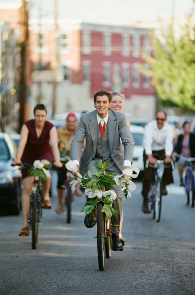 Biking to wedding on tandem
