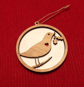 Laser cut bird with holly branch ornament