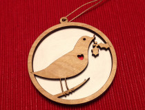 Laser cut bird with holly branch ornament